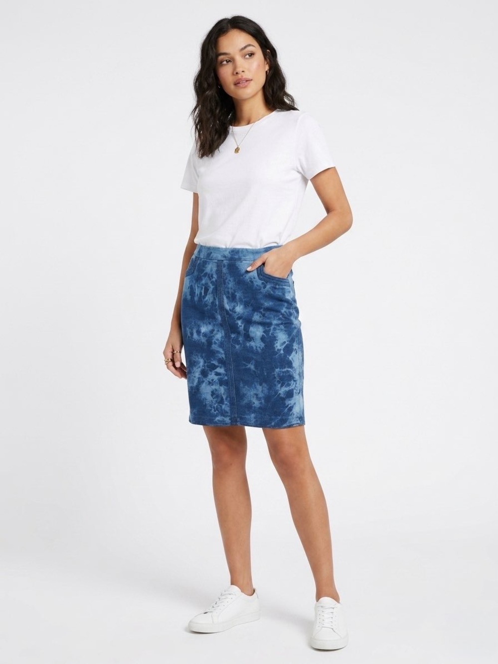 BCBGMAXAZRIA Blue Tie Dye Denim Pencil Skirt Size Large Stretch Casual